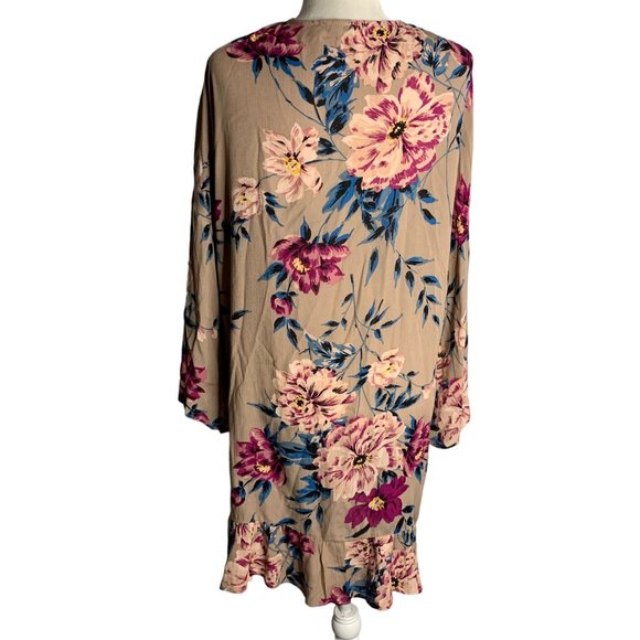 Charlotte Russe Open Front Kimono Top L Taupe Floral Ruffle Long Sleeves Rayon - Picture 5 of 7